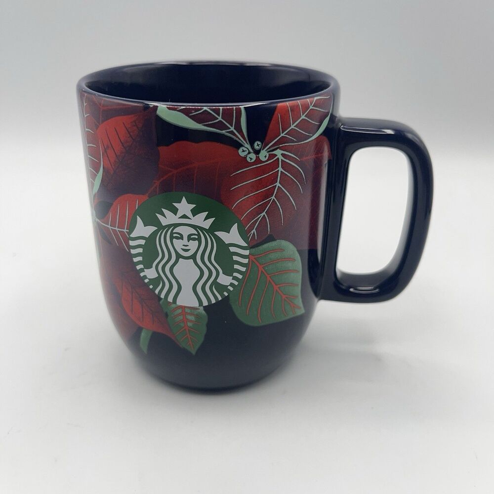 Starbucks Coffee Mug Poinsettia Christmas 12 oz Mermaid Logo Navy Blue